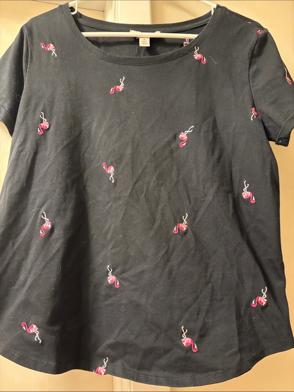 Vintage America Black Tee with Pink Flamingo Embroidery